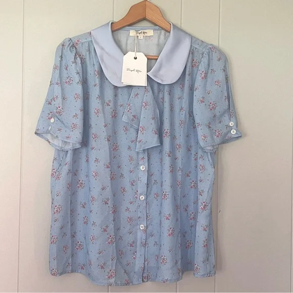 Simple Retro Blue Pink Romantic Bohemian Peter Pan Collar Button Down Top NWT L - Picture 1 of 10